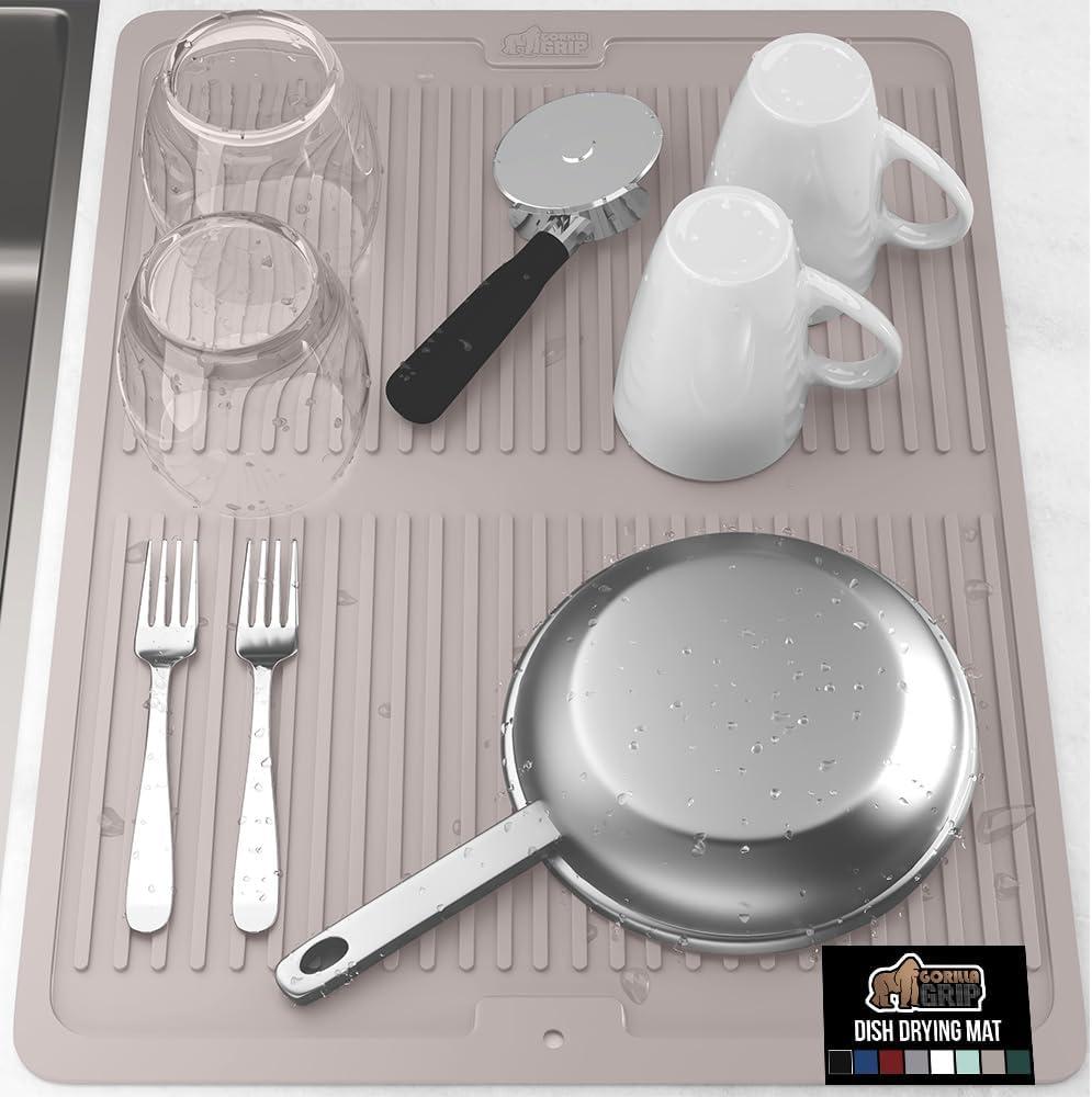imageGORILLA GRIP Ultra Water Absorbent Microfiber Dish Drying Mat 18x24 Quick Dry Thick Mesh Slip Resistant Pad for Sink Dishes or Under Rack Kitchen Counter Accessories Machine Wash Mats GrayAlmond