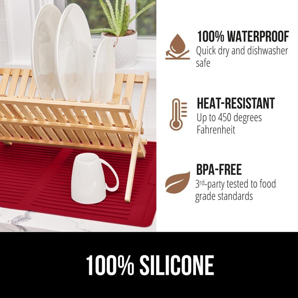 imageGORILLA GRIP Ultra Water Absorbent Microfiber Dish Drying Mat 18x24 Quick Dry Thick Mesh Slip Resistant Pad for Sink Dishes or Under Rack Kitchen Counter Accessories Machine Wash Mats GrayRed