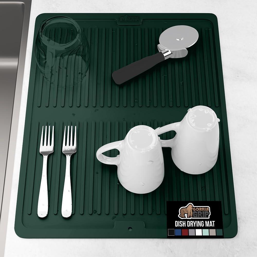 imageGORILLA GRIP Ultra Water Absorbent Microfiber Dish Drying Mat 18x24 Quick Dry Thick Mesh Slip Resistant Pad for Sink Dishes or Under Rack Kitchen Counter Accessories Machine Wash Mats GrayHunter Green