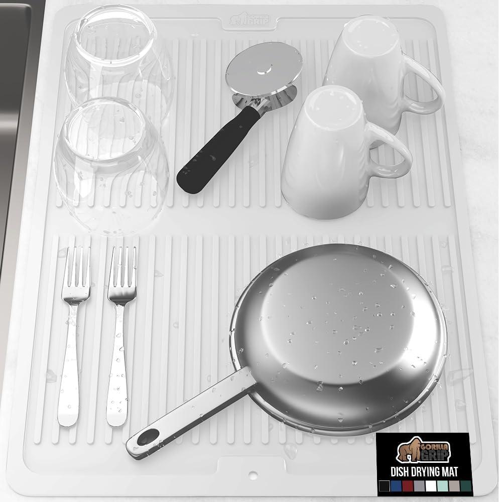 imageGORILLA GRIP Ultra Water Absorbent Microfiber Dish Drying Mat 18x24 Quick Dry Thick Mesh Slip Resistant Pad for Sink Dishes or Under Rack Kitchen Counter Accessories Machine Wash Mats GrayWhite