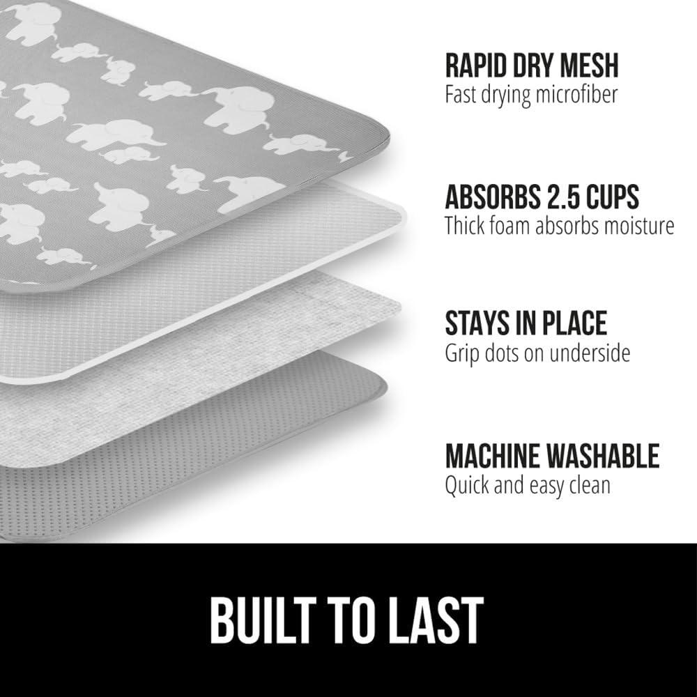 imageGORILLA GRIP Ultra Water Absorbent Microfiber Dish Drying Mat 18x24 Quick Dry Thick Mesh Slip Resistant Pad for Sink Dishes or Under Rack Kitchen Counter Accessories Machine Wash Mats GrayElephants