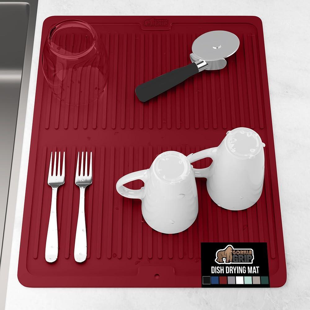 imageGORILLA GRIP Ultra Water Absorbent Microfiber Dish Drying Mat 18x24 Quick Dry Thick Mesh Slip Resistant Pad for Sink Dishes or Under Rack Kitchen Counter Accessories Machine Wash Mats GrayRed