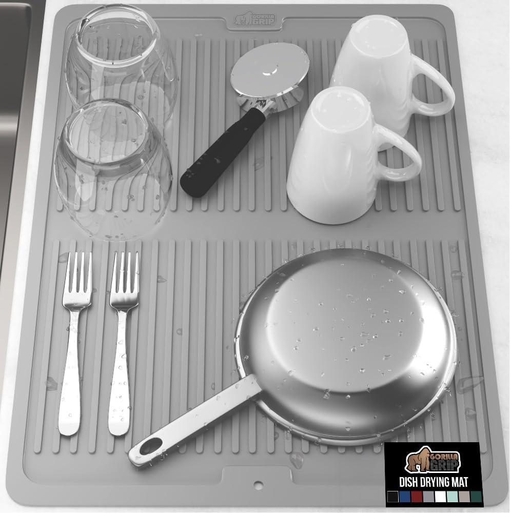imageGORILLA GRIP Ultra Water Absorbent Microfiber Dish Drying Mat 18x24 Quick Dry Thick Mesh Slip Resistant Pad for Sink Dishes or Under Rack Kitchen Counter Accessories Machine Wash Mats GrayGray
