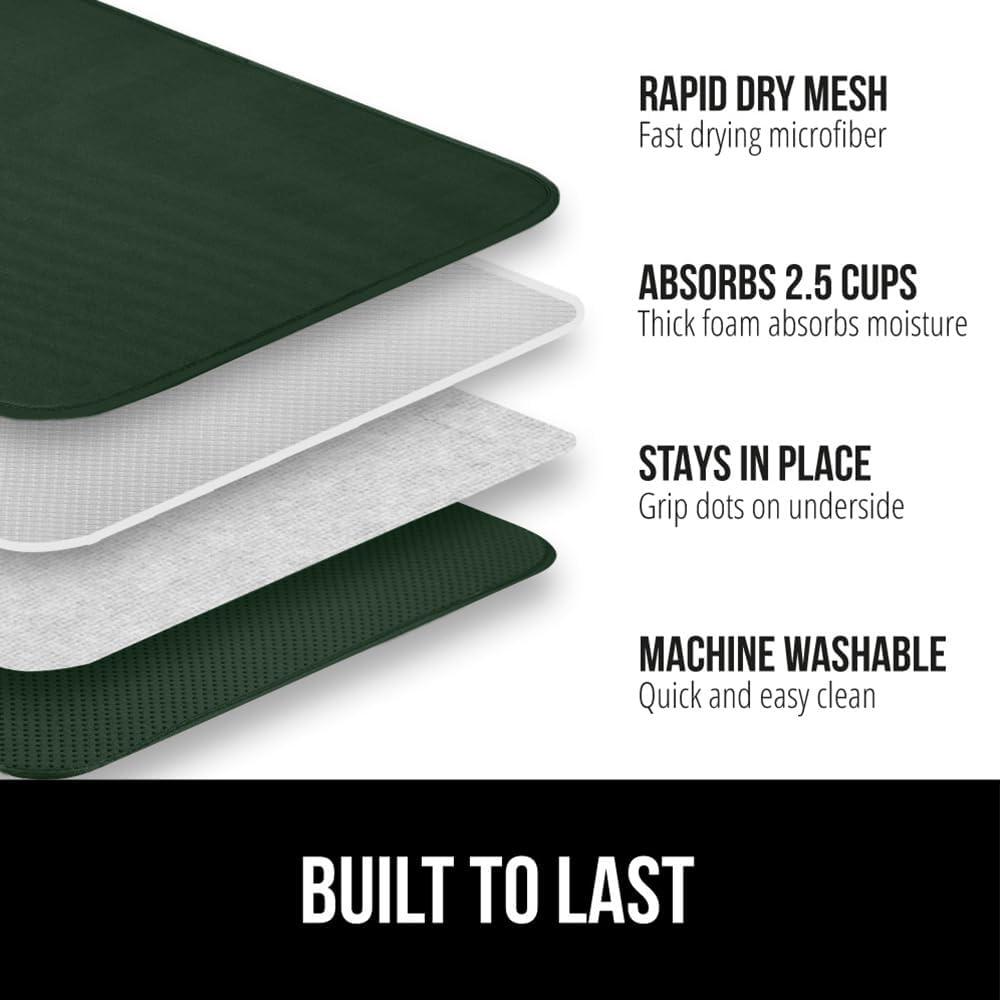 imageGORILLA GRIP Ultra Water Absorbent Microfiber Dish Drying Mat 18x24 Quick Dry Thick Mesh Slip Resistant Pad for Sink Dishes or Under Rack Kitchen Counter Accessories Machine Wash Mats GrayHunter Green