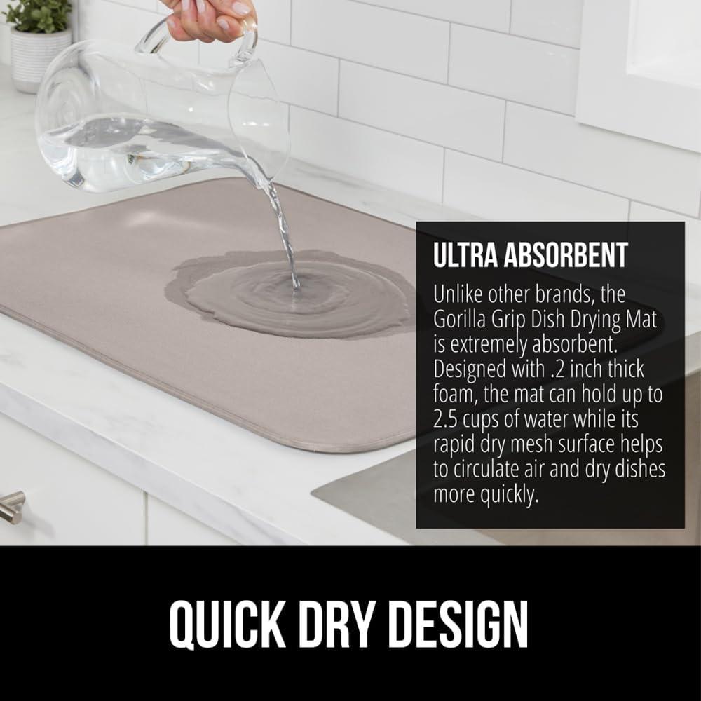 imageGORILLA GRIP Ultra Water Absorbent Microfiber Dish Drying Mat 18x24 Quick Dry Thick Mesh Slip Resistant Pad for Sink Dishes or Under Rack Kitchen Counter Accessories Machine Wash Mats GrayAlmond
