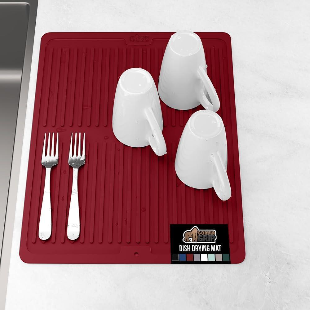 imageGORILLA GRIP Ultra Water Absorbent Microfiber Dish Drying Mat 18x24 Quick Dry Thick Mesh Slip Resistant Pad for Sink Dishes or Under Rack Kitchen Counter Accessories Machine Wash Mats GrayRed