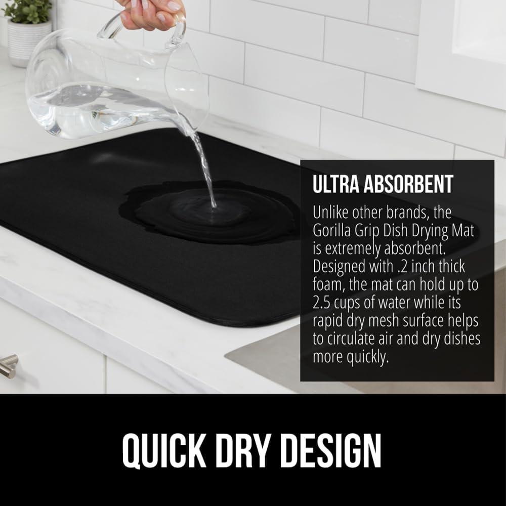 imageGORILLA GRIP Ultra Water Absorbent Microfiber Dish Drying Mat 18x24 Quick Dry Thick Mesh Slip Resistant Pad for Sink Dishes or Under Rack Kitchen Counter Accessories Machine Wash Mats GrayBlack