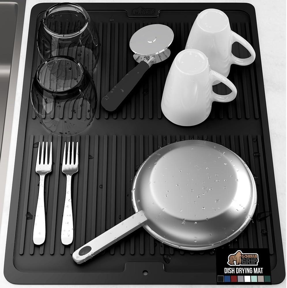imageGORILLA GRIP Ultra Water Absorbent Microfiber Dish Drying Mat 18x24 Quick Dry Thick Mesh Slip Resistant Pad for Sink Dishes or Under Rack Kitchen Counter Accessories Machine Wash Mats GrayBlack