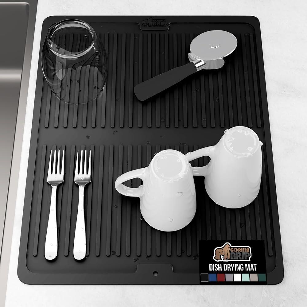imageGORILLA GRIP Ultra Water Absorbent Microfiber Dish Drying Mat 18x24 Quick Dry Thick Mesh Slip Resistant Pad for Sink Dishes or Under Rack Kitchen Counter Accessories Machine Wash Mats GrayBlack