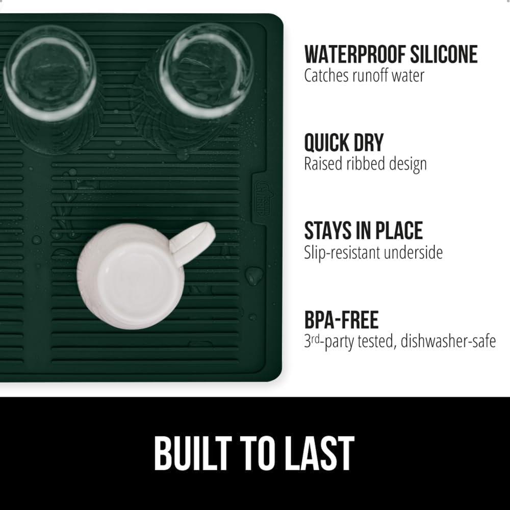 imageGORILLA GRIP Ultra Water Absorbent Microfiber Dish Drying Mat 18x24 Quick Dry Thick Mesh Slip Resistant Pad for Sink Dishes or Under Rack Kitchen Counter Accessories Machine Wash Mats GrayHunter Green