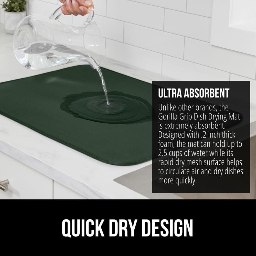 imageGORILLA GRIP Ultra Water Absorbent Microfiber Dish Drying Mat 18x24 Quick Dry Thick Mesh Slip Resistant Pad for Sink Dishes or Under Rack Kitchen Counter Accessories Machine Wash Mats GrayHunter Green