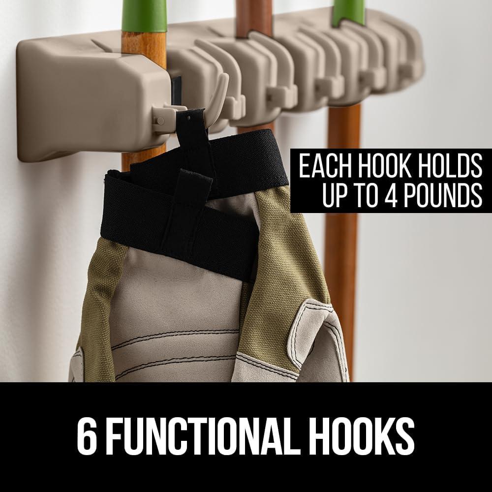 imageGORILLA GRIP Wall Mount Hook Fixture Also Includes Slots to Hold Mop Broom Tools Easy Install Organize Cleaners Tools Home Kitchen Garage 6 Hooks 5 Slots BeigeBeige