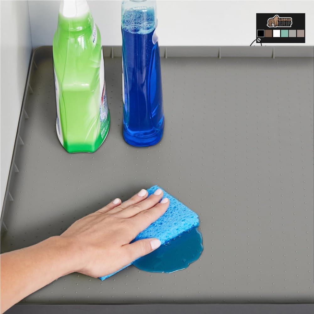 imageGORILLA GRIP Waterproof Silicone Under Sink Mat with Raised Lip for Kitchen and Bathroom Cabinet Shelf Liner Stay in Place Mats Dishwasher Safe Drawer Liner Organizer Tray 19 x 22 in GrayGray