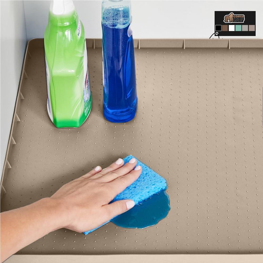 imageGORILLA GRIP Waterproof Silicone Under Sink Mat with Raised Lip for Kitchen and Bathroom Cabinet Shelf Liner Stay in Place Mats Dishwasher Safe Drawer Liner Organizer Tray 19 x 22 in GrayBeige