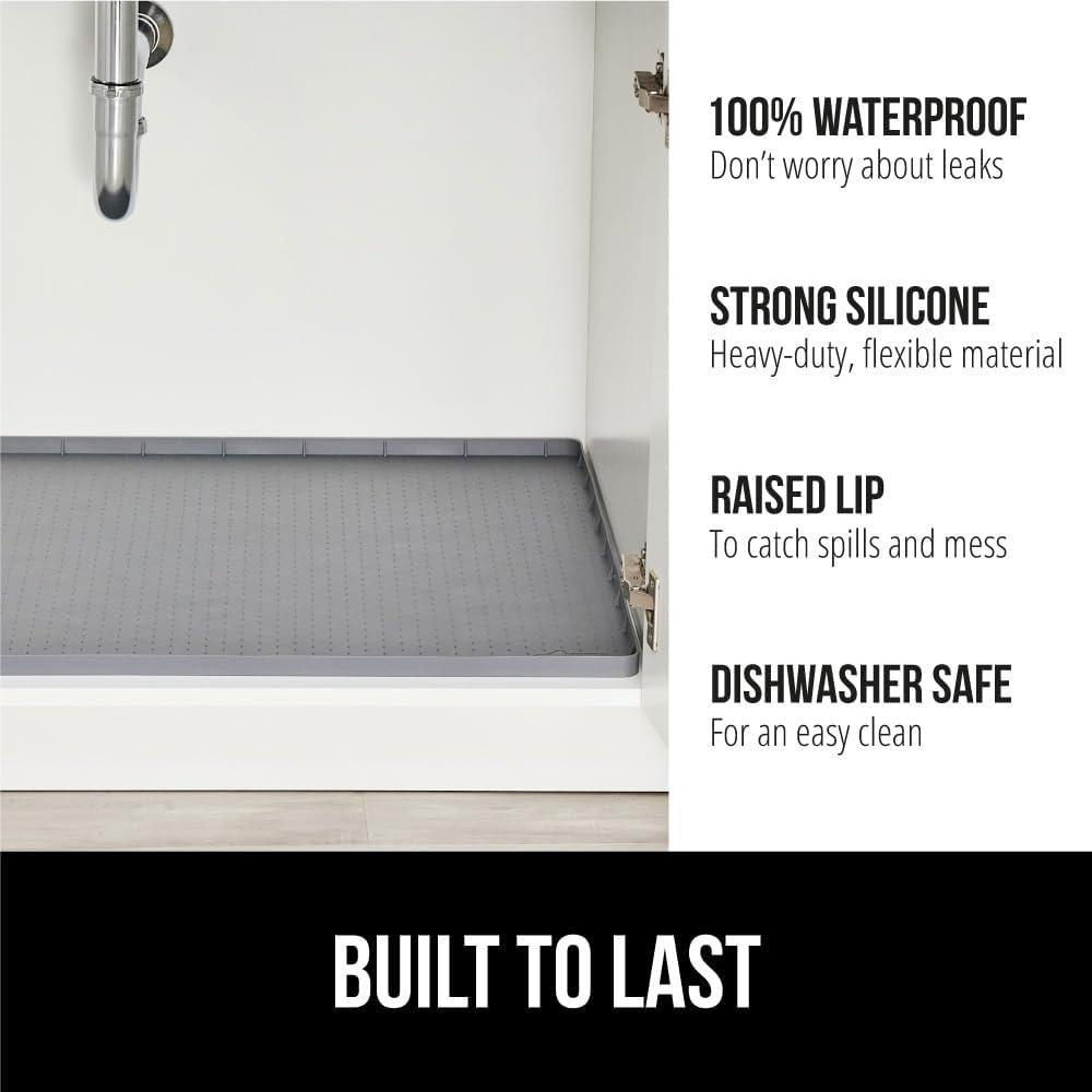 imageGORILLA GRIP Waterproof Silicone Under Sink Mat with Raised Lip for Kitchen and Bathroom Cabinet Shelf Liner Stay in Place Mats Dishwasher Safe Drawer Liner Organizer Tray 19 x 22 in GrayGray