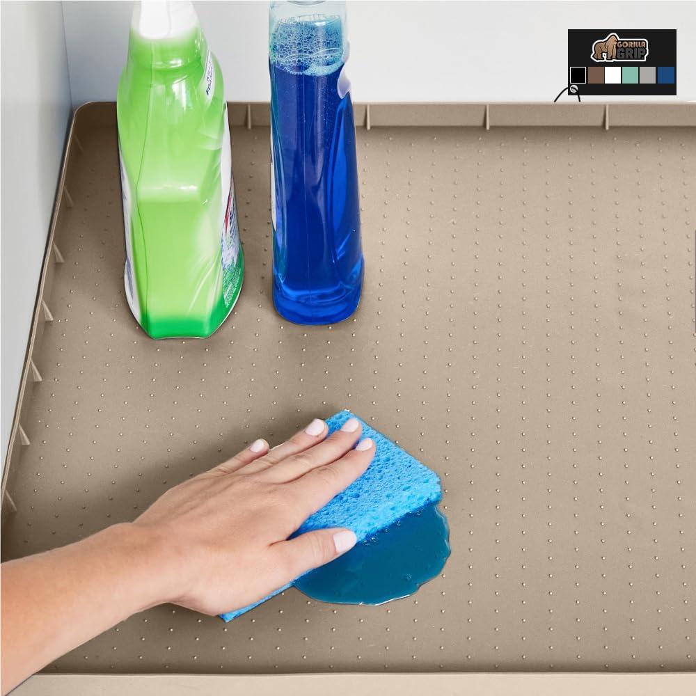 imageGORILLA GRIP Waterproof Silicone Under Sink Mat with Raised Lip for Kitchen and Bathroom Cabinet Shelf Liner Stay in Place Mats Dishwasher Safe Drawer Liner Organizer Tray 19 x 22 in GrayBeige