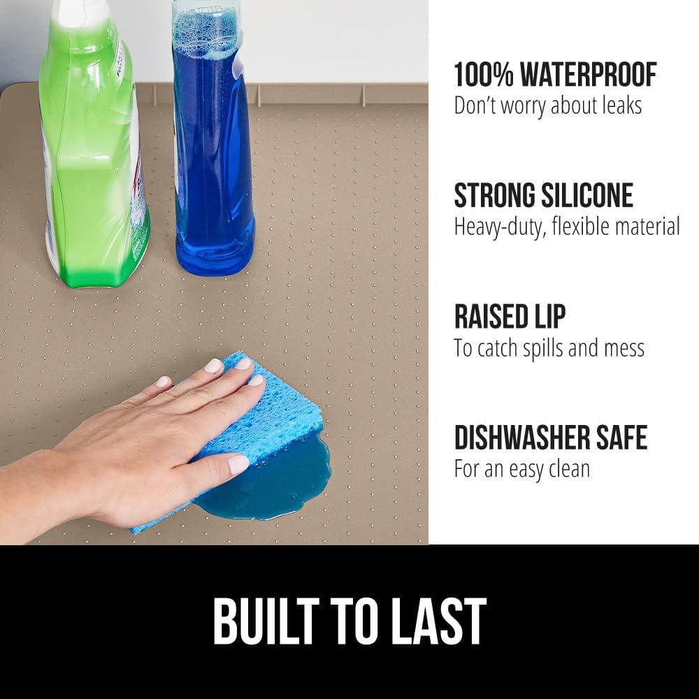 imageGORILLA GRIP Waterproof Silicone Under Sink Mat with Raised Lip for Kitchen and Bathroom Cabinet Shelf Liner Stay in Place Mats Dishwasher Safe Drawer Liner Organizer Tray 19 x 22 in GrayBeige