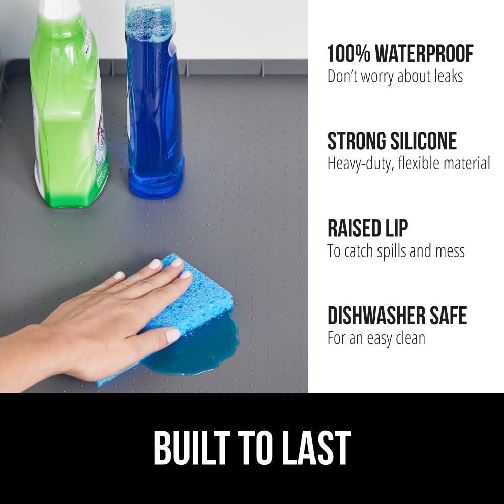 imageGORILLA GRIP Waterproof Silicone Under Sink Mat with Raised Lip for Kitchen and Bathroom Cabinet Shelf Liner Stay in Place Mats Dishwasher Safe Drawer Liner Organizer Tray 19 x 22 in GrayGray