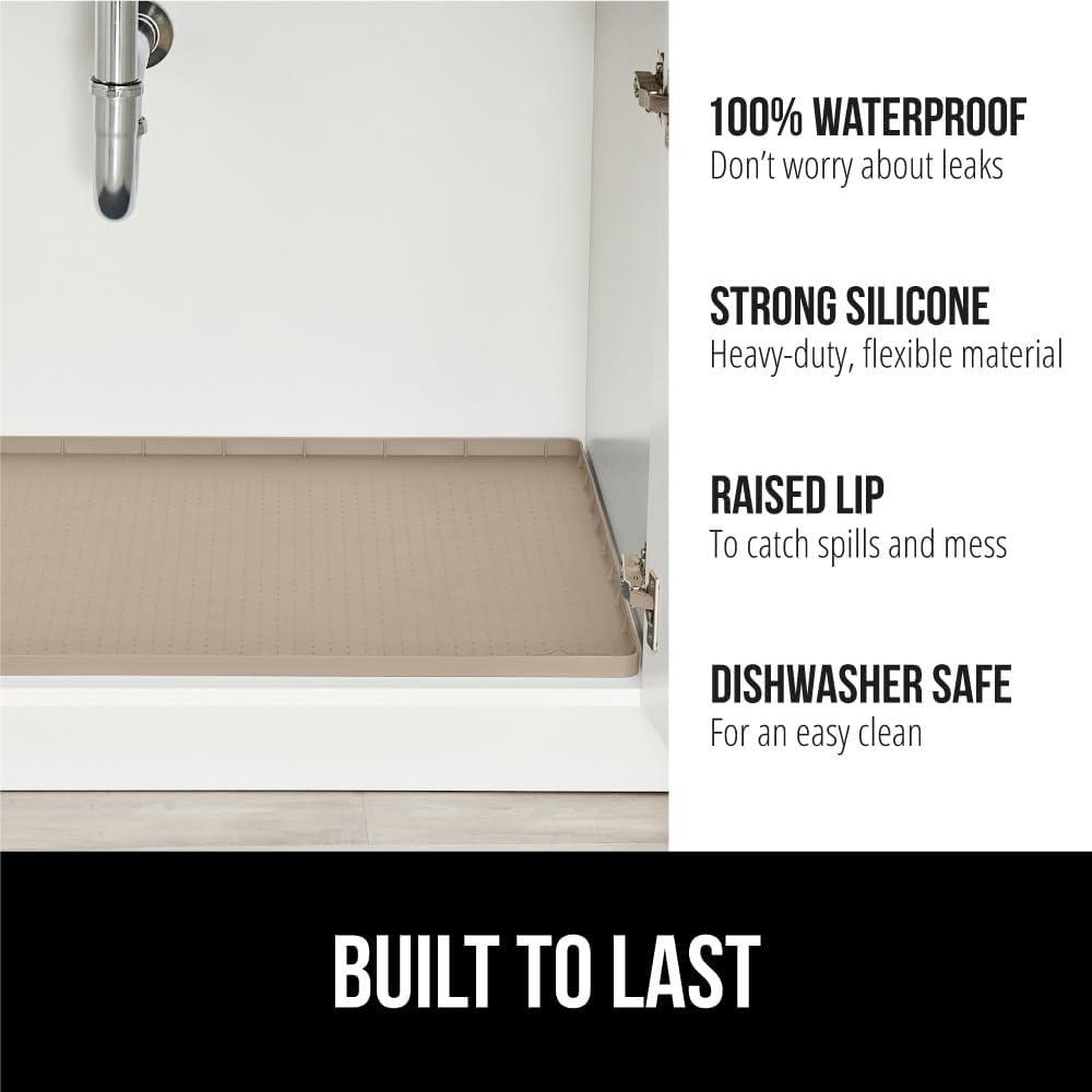 imageGORILLA GRIP Waterproof Silicone Under Sink Mat with Raised Lip for Kitchen and Bathroom Cabinet Shelf Liner Stay in Place Mats Dishwasher Safe Drawer Liner Organizer Tray 19 x 22 in GrayBeige