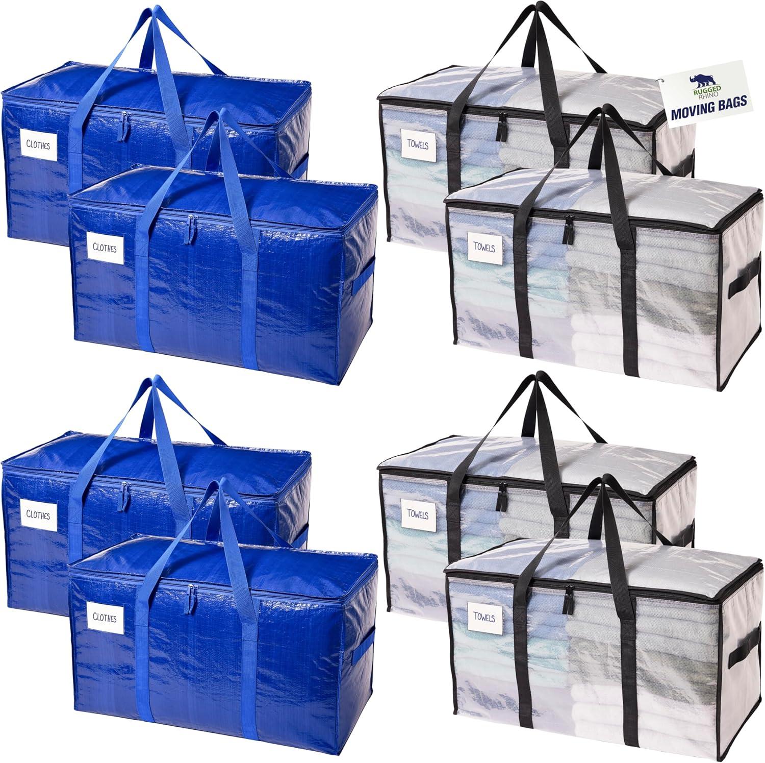 imageRUGGED RHINO Heavy Duty Extra Large Blue Moving Bags Durable Bag with Strong Handles and Zipper Moving Boxes Alternative for College Packing Holiday Dcor Space Saving Storage with Label 2 PackTranslucentBlue