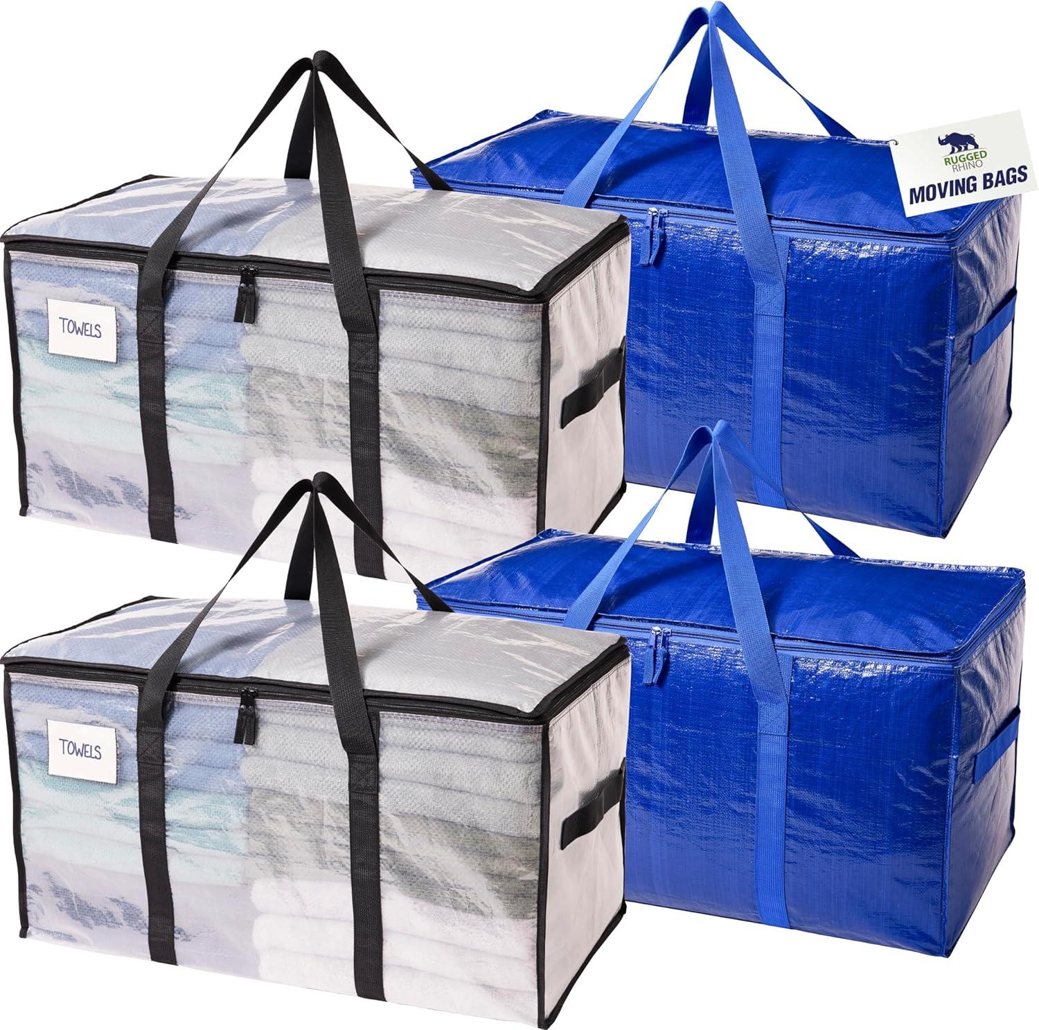 imageRUGGED RHINO Heavy Duty Extra Large Blue Moving Bags Durable Bag with Strong Handles and Zipper Moving Boxes Alternative for College Packing Holiday Dcor Space Saving Storage with Label 2 PackTranslucentBlue