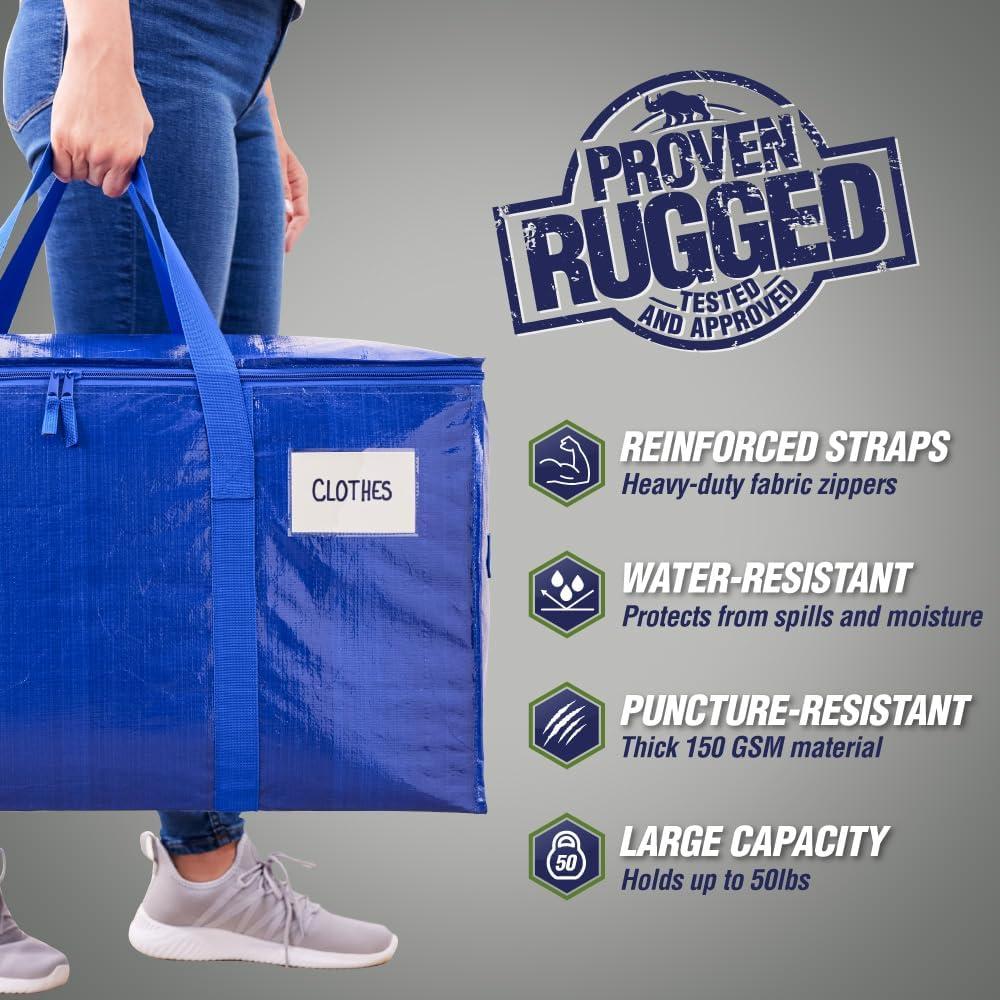 imageRUGGED RHINO Heavy Duty Extra Large Blue Moving Bags Durable Bag with Strong Handles and Zipper Moving Boxes Alternative for College Packing Holiday Dcor Space Saving Storage with Label 2 PackTranslucentBlue