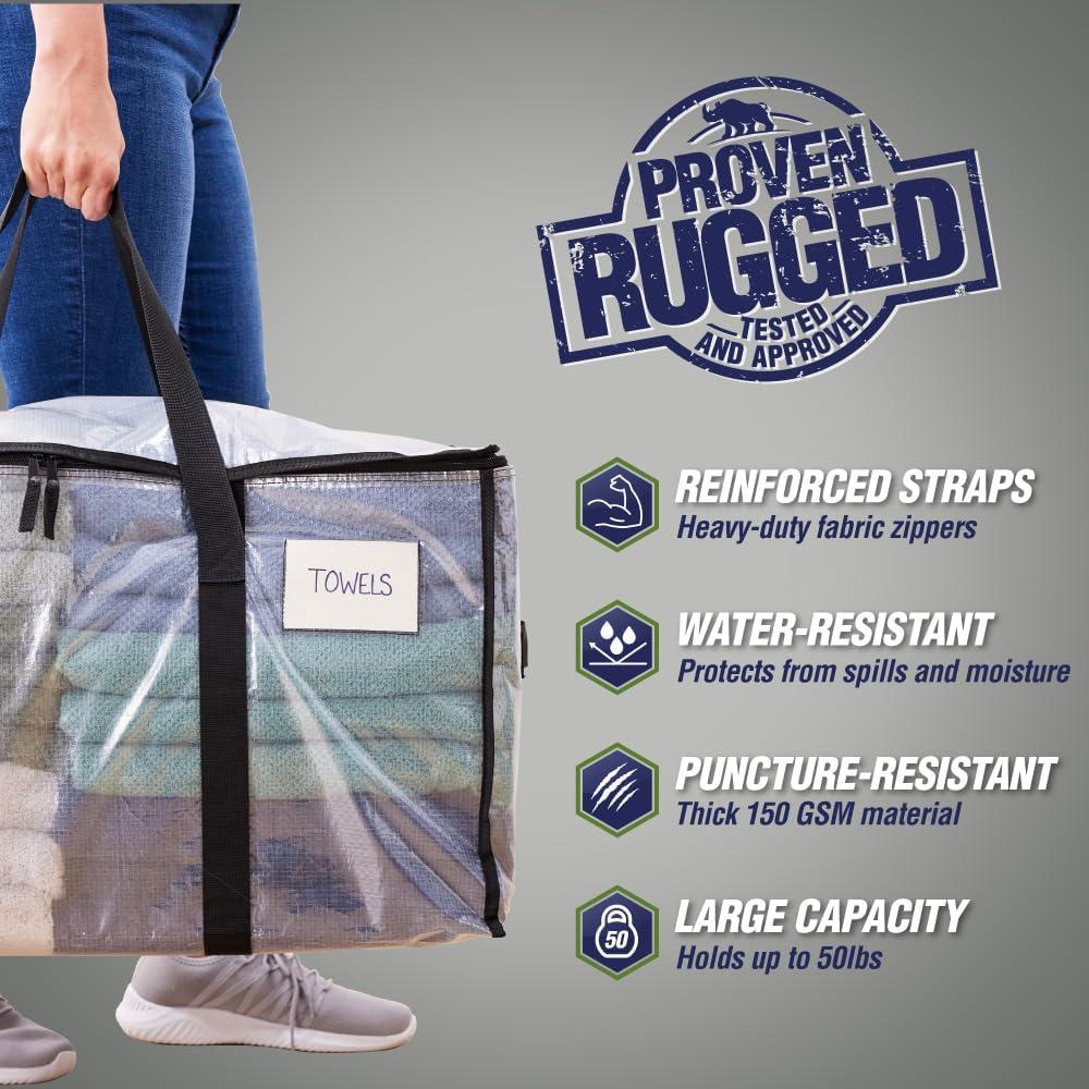 imageRUGGED RHINO Heavy Duty Extra Large Blue Moving Bags Durable Bag with Strong Handles and Zipper Moving Boxes Alternative for College Packing Holiday Dcor Space Saving Storage with Label 2 PackTranslucent
