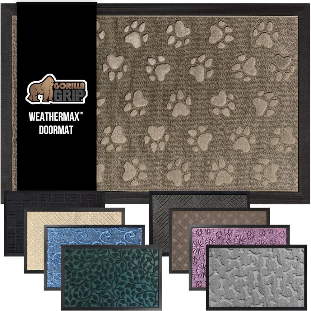 imageGORILLA GRIP 100 Waterproof AllSeason WeatherMax Doormat US Designed Natural Rubber Stain and Fade Resistant Low Profile Indoor Outdoor Door Mats Easy Clean Patio Mat 17x29 Steel ChevronTan Pawprints