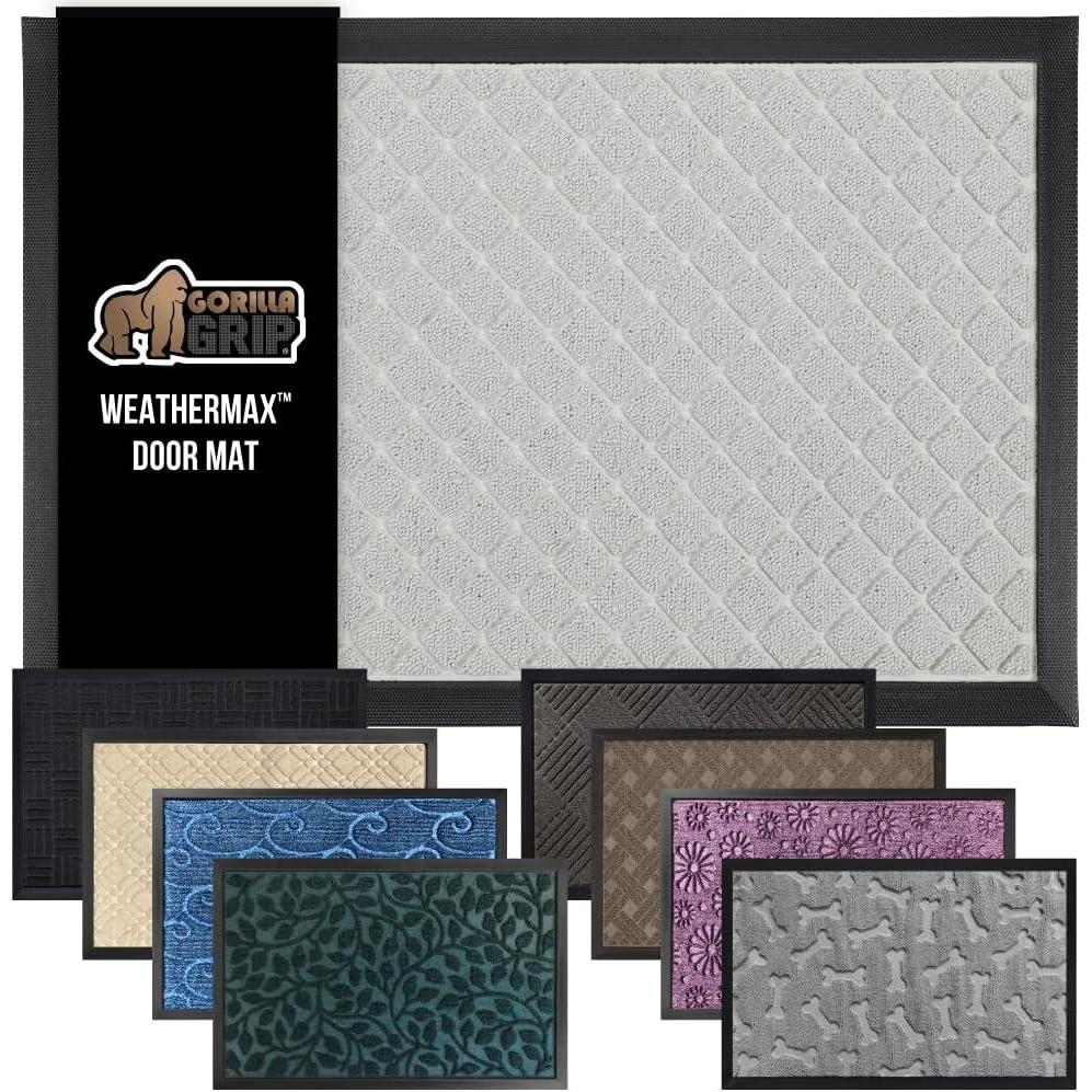imageGORILLA GRIP 100 Waterproof AllSeason WeatherMax Doormat US Designed Natural Rubber Stain and Fade Resistant Low Profile Indoor Outdoor Door Mats Easy Clean Patio Mat 17x29 Steel ChevronLight Gray Lattice