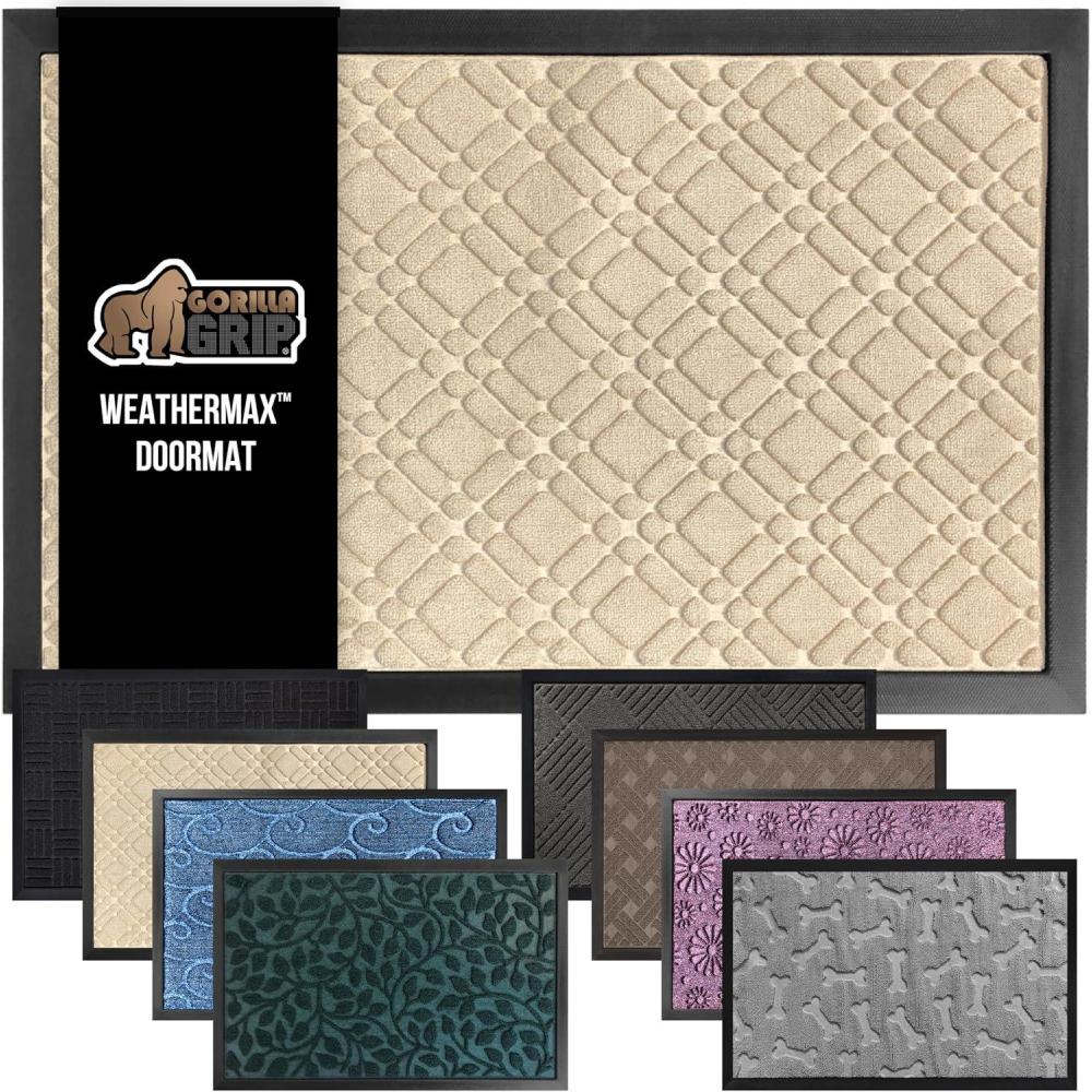 imageGORILLA GRIP 100 Waterproof AllSeason WeatherMax Doormat US Designed Natural Rubber Stain and Fade Resistant Low Profile Indoor Outdoor Door Mats Easy Clean Patio Mat 17x29 Steel ChevronModern Latte