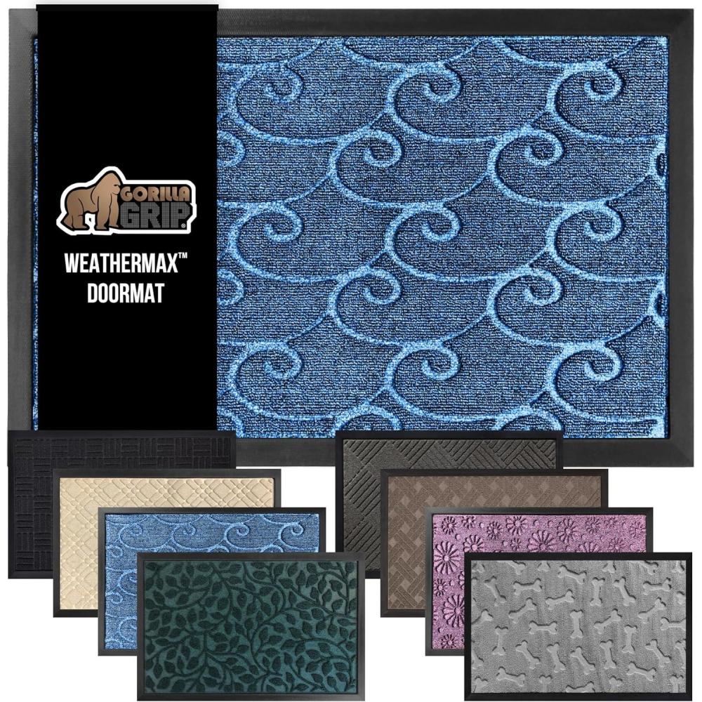 imageGORILLA GRIP 100 Waterproof AllSeason WeatherMax Doormat US Designed Natural Rubber Stain and Fade Resistant Low Profile Indoor Outdoor Door Mats Easy Clean Patio Mat 17x29 Steel ChevronOcean Blue Waves