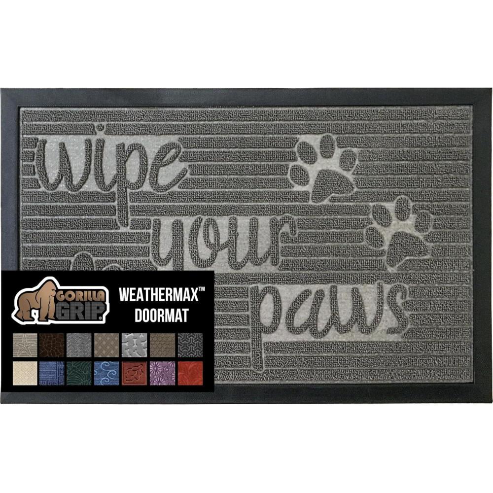 imageGORILLA GRIP 100 Waterproof AllSeason WeatherMax Doormat US Designed Natural Rubber Stain and Fade Resistant Low Profile Indoor Outdoor Door Mats Easy Clean Patio Mat 17x29 Steel ChevronStone Paws