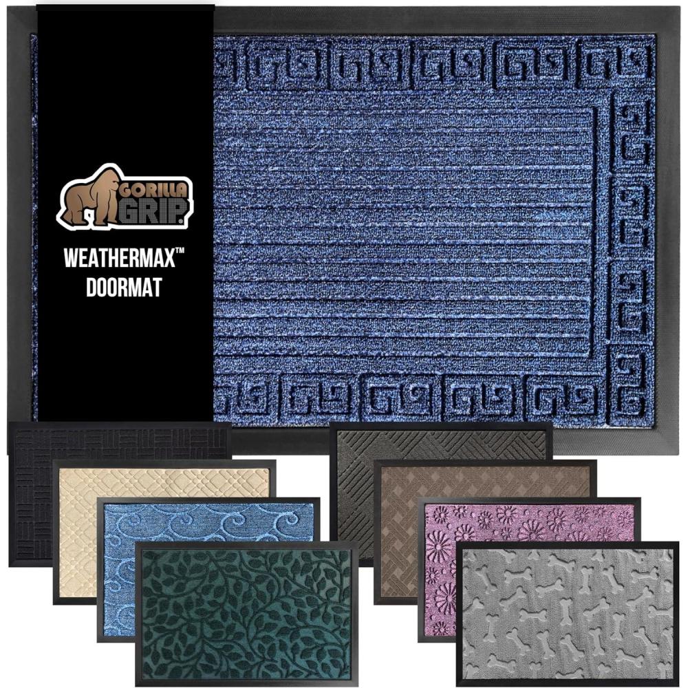 imageGORILLA GRIP 100 Waterproof AllSeason WeatherMax Doormat US Designed Natural Rubber Stain and Fade Resistant Low Profile Indoor Outdoor Door Mats Easy Clean Patio Mat 17x29 Steel ChevronNavy Greek Keys