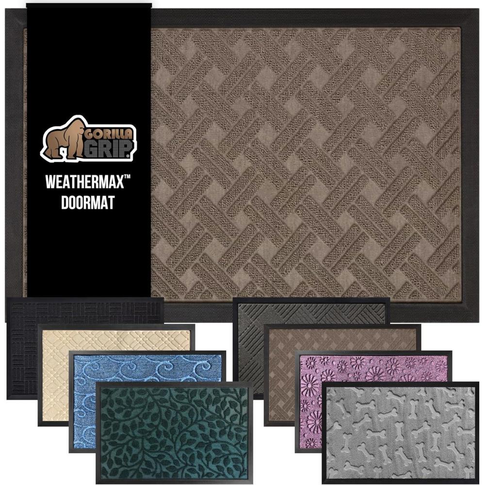 imageGORILLA GRIP 100 Waterproof AllSeason WeatherMax Doormat US Designed Natural Rubber Stain and Fade Resistant Low Profile Indoor Outdoor Door Mats Easy Clean Patio Mat 17x29 Steel ChevronTaupe Basket Weave