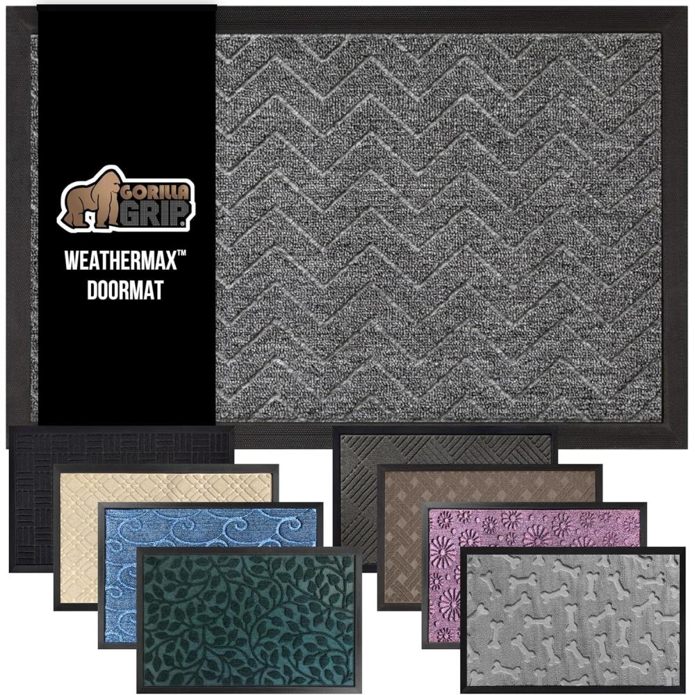 imageGORILLA GRIP 100 Waterproof AllSeason WeatherMax Doormat US Designed Natural Rubber Stain and Fade Resistant Low Profile Indoor Outdoor Door Mats Easy Clean Patio Mat 17x29 Steel ChevronSteel Chevron