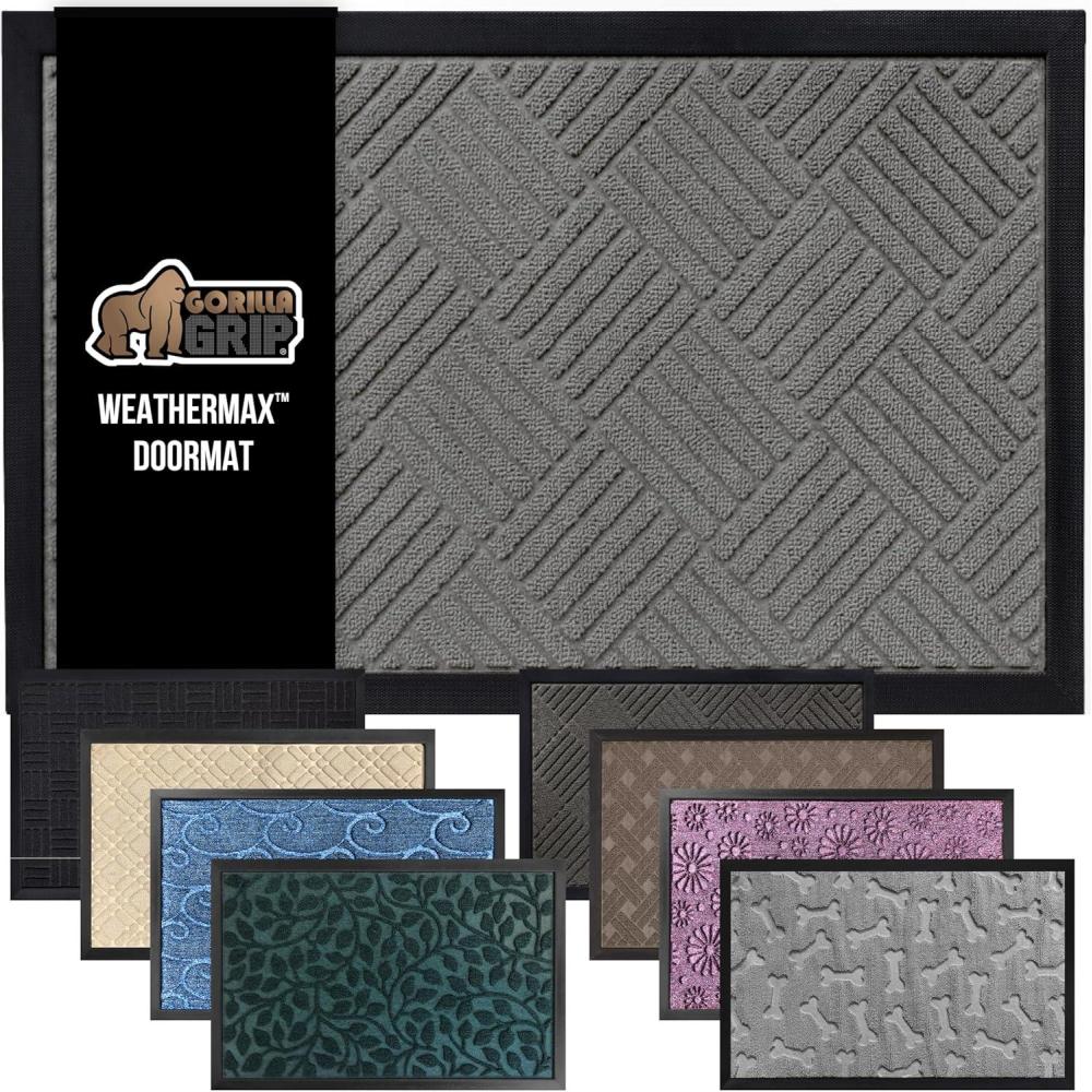 imageGORILLA GRIP 100 Waterproof AllSeason WeatherMax Doormat US Designed Natural Rubber Stain and Fade Resistant Low Profile Indoor Outdoor Door Mats Easy Clean Patio Mat 17x29 Steel ChevronSteel Diamond