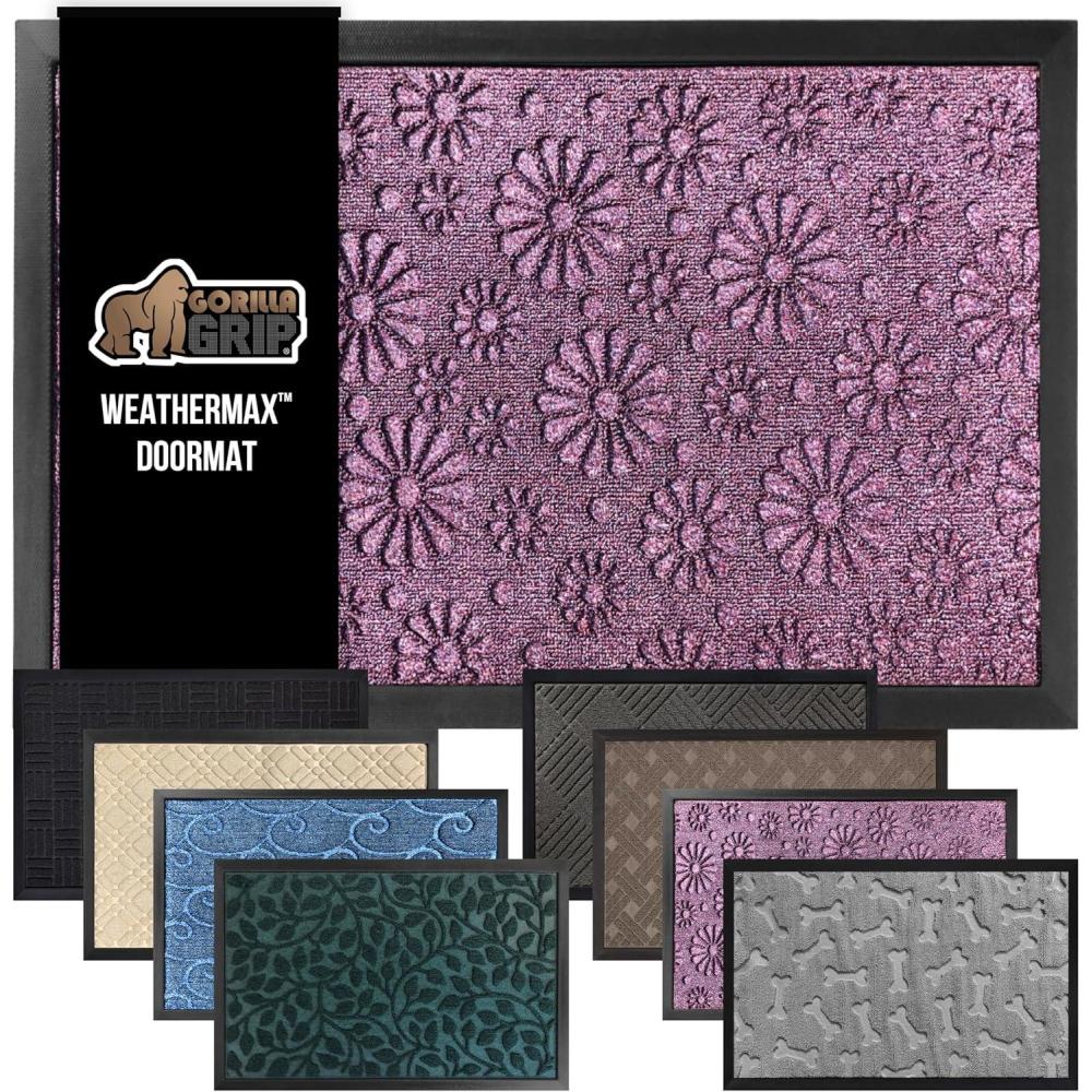 imageGORILLA GRIP 100 Waterproof AllSeason WeatherMax Doormat US Designed Natural Rubber Stain and Fade Resistant Low Profile Indoor Outdoor Door Mats Easy Clean Patio Mat 17x29 Steel ChevronPurple Confetti Daisy
