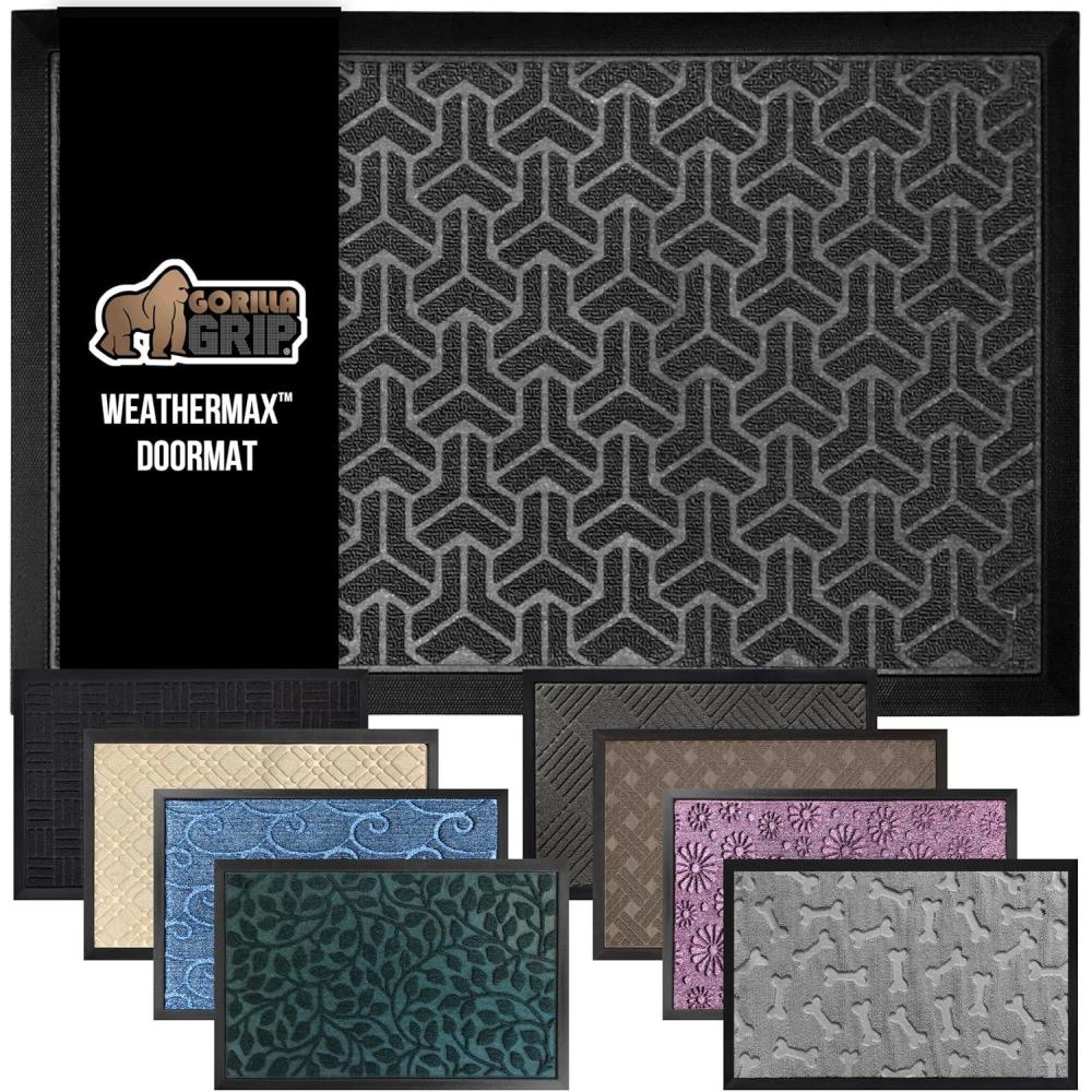 imageGORILLA GRIP 100 Waterproof AllSeason WeatherMax Doormat US Designed Natural Rubber Stain and Fade Resistant Low Profile Indoor Outdoor Door Mats Easy Clean Patio Mat 17x29 Steel ChevronSlate Geometric