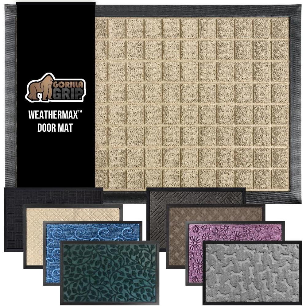 imageGORILLA GRIP 100 Waterproof AllSeason WeatherMax Doormat US Designed Natural Rubber Stain and Fade Resistant Low Profile Indoor Outdoor Door Mats Easy Clean Patio Mat 17x29 Steel ChevronTaupe Grid