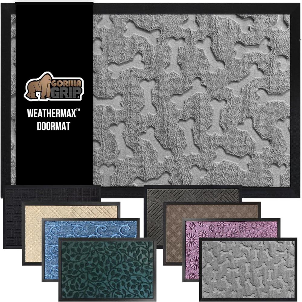 imageGORILLA GRIP 100 Waterproof AllSeason WeatherMax Doormat US Designed Natural Rubber Stain and Fade Resistant Low Profile Indoor Outdoor Door Mats Easy Clean Patio Mat 17x29 Steel ChevronLight Gray Bones