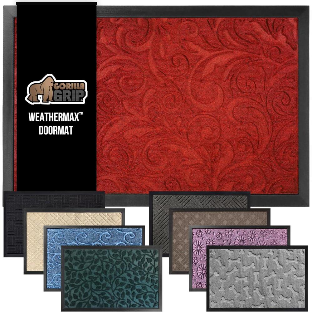 imageGORILLA GRIP 100 Waterproof AllSeason WeatherMax Doormat US Designed Natural Rubber Stain and Fade Resistant Low Profile Indoor Outdoor Door Mats Easy Clean Patio Mat 17x29 Steel ChevronRed Vintage Wine
