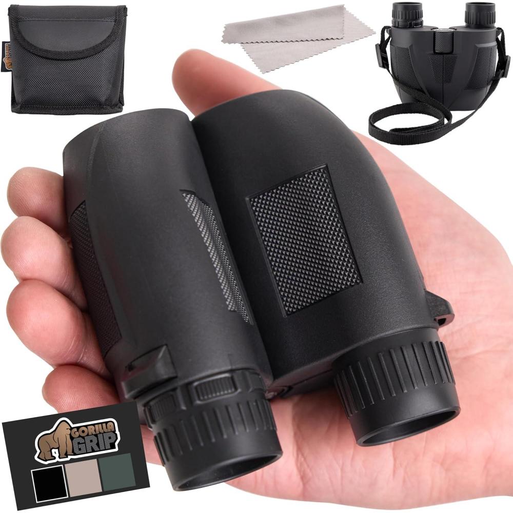 imageGORILLA GRIP 10x25 Compact Binoculars for Adults with Strap Superior High Powered Clear 10X Magnification Lightweight Bird Watching Hunting Stargazing Adjustable Eye Cups BlackBlack