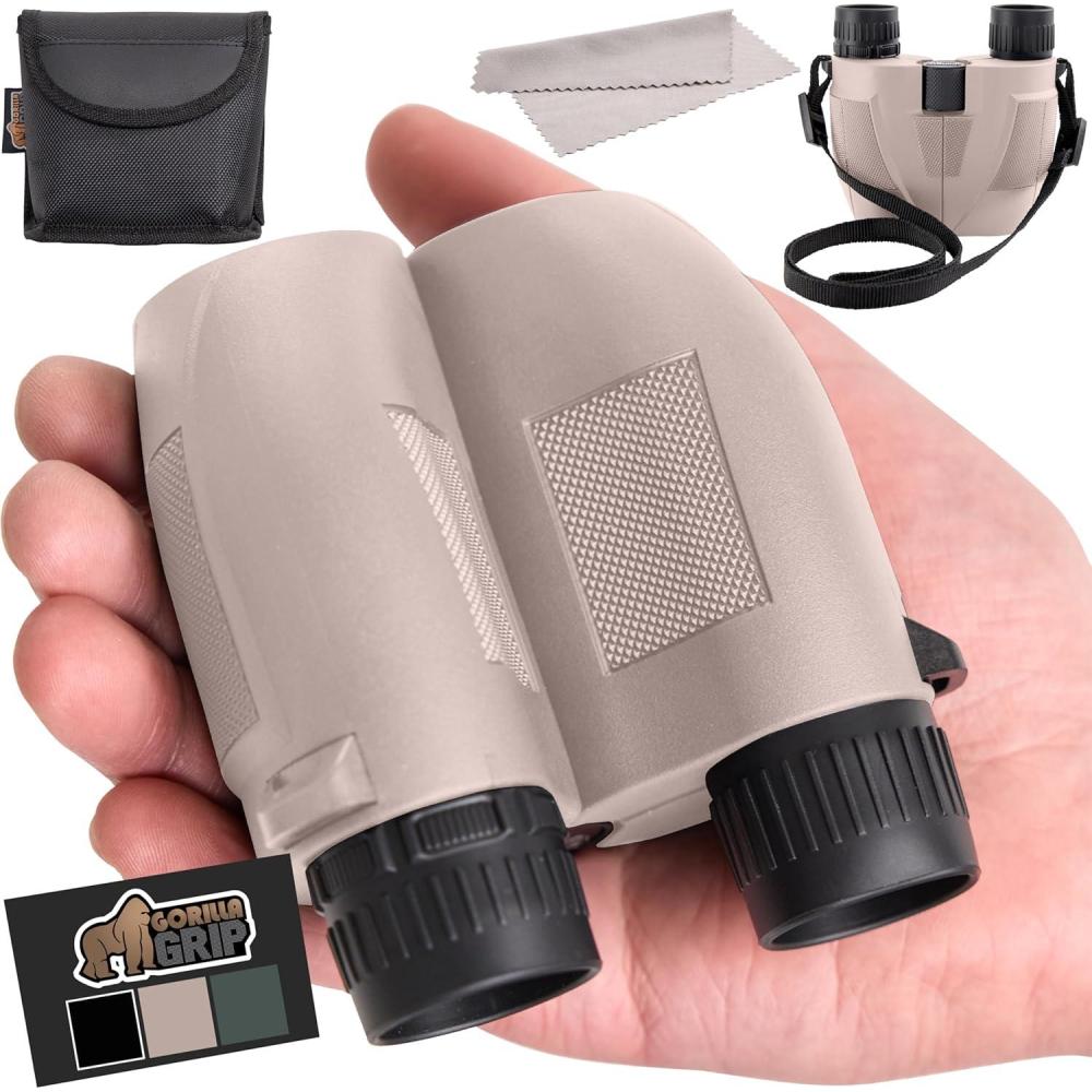 imageGORILLA GRIP 10x25 Compact Binoculars for Adults with Strap Superior High Powered Clear 10X Magnification Lightweight Bird Watching Hunting Stargazing Adjustable Eye Cups BlackKhaki