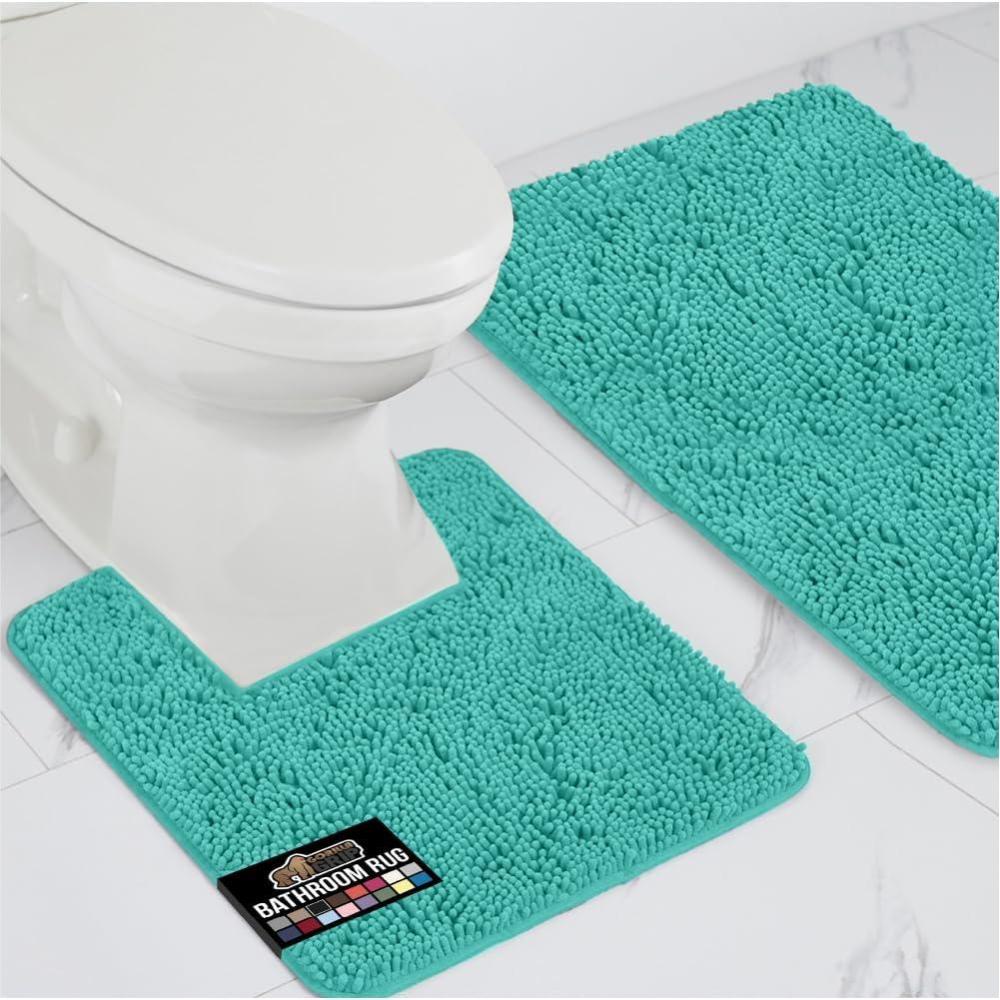 imageGORILLA GRIP Area Rug Sets 3 Piece Bath Mat Set and Oval Toilet Base with Rubber Backing Plush Absorbent Shaggy Chenille Washable Mats Includes 24x195 24x17 and 30x20 Inch Rugs GreyTurquoise