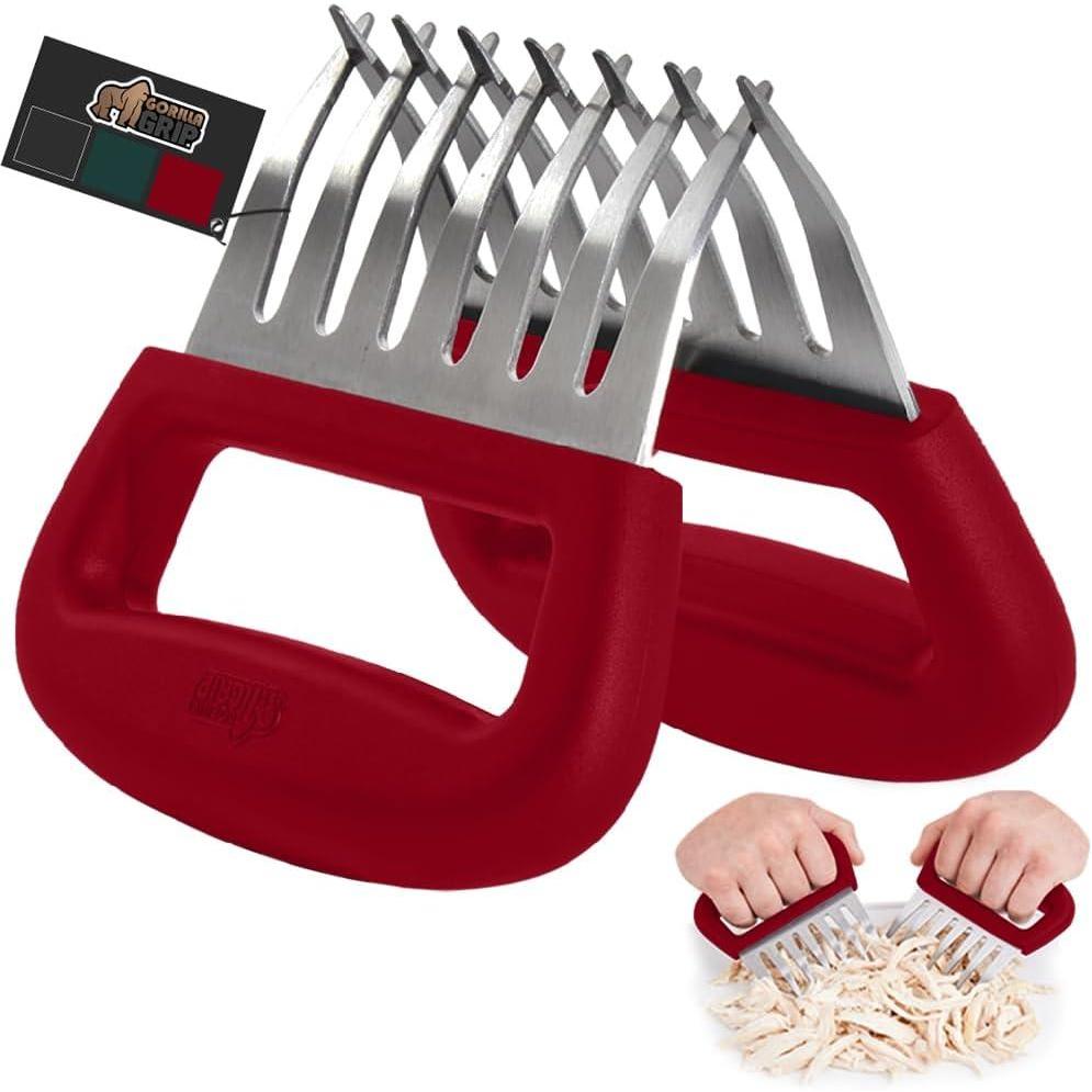 imageGORILLA GRIP BPAFree Chicken Shredder Meat Claws Sharp Stainless Steel Food Shredding Fork Comfortable Handle Easily Shred Pulled Pork Taco Meats Kitchen Smoker BBQ Tool Dishwasher Safe BlackRed