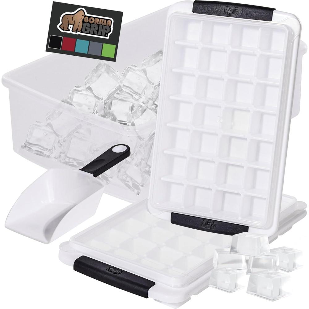 imageGORILLA GRIP BPAFree Easy Release Ice Cube Tray for Freezer Make Lots of Ice 56 Cubes Total Kit Includes 2 Stackable Leakproof Trays with Lid and Soft Handle Grips Scooper Bin For Coffee BlackBlack