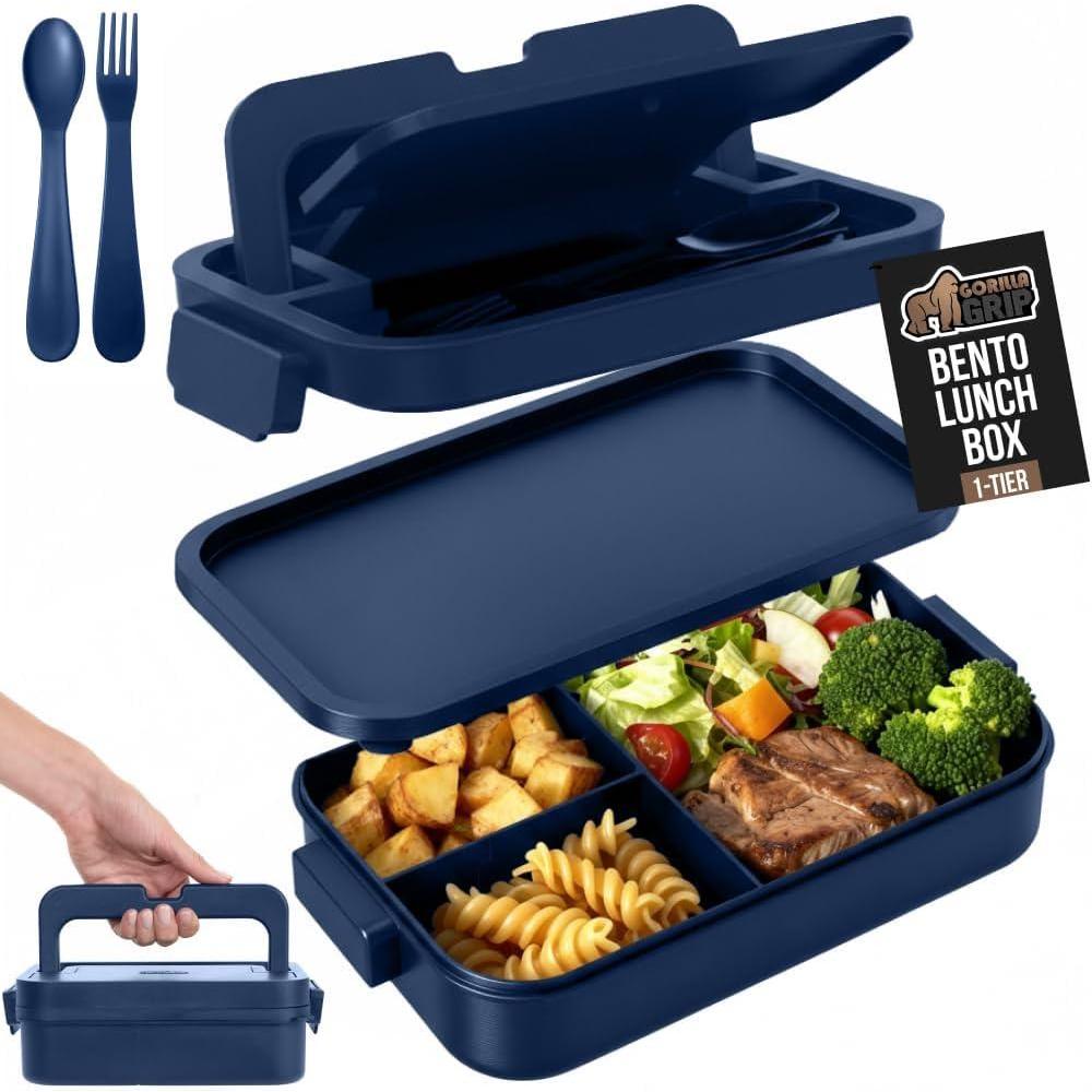 imageGORILLA GRIP BPAFree Leakproof Bento Lunch Box for Women Men Kids 2 Tier Style Onthego Easy to Carry Handle Microwave Safe Hot or Cold Food Container Lid Includes BuiltIn Utensil Set BlackNavy