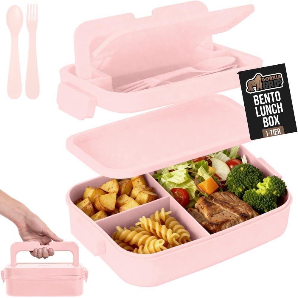 imageGORILLA GRIP BPAFree Leakproof Bento Lunch Box for Women Men Kids 2 Tier Style Onthego Easy to Carry Handle Microwave Safe Hot or Cold Food Container Lid Includes BuiltIn Utensil Set BlackPink