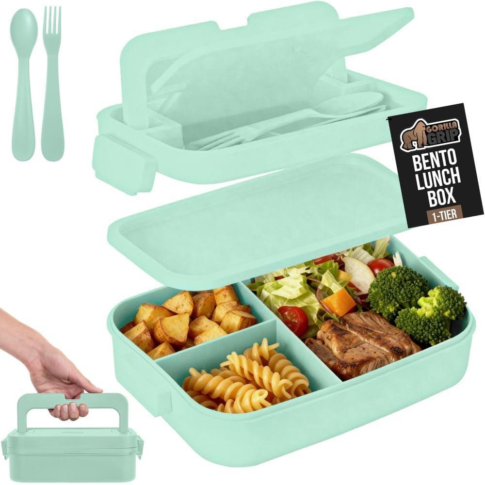 imageGORILLA GRIP BPAFree Leakproof Bento Lunch Box for Women Men Kids 2 Tier Style Onthego Easy to Carry Handle Microwave Safe Hot or Cold Food Container Lid Includes BuiltIn Utensil Set BlackMint