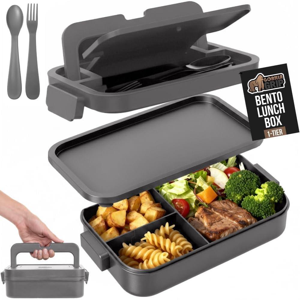 imageGORILLA GRIP BPAFree Leakproof Bento Lunch Box for Women Men Kids 2 Tier Style Onthego Easy to Carry Handle Microwave Safe Hot or Cold Food Container Lid Includes BuiltIn Utensil Set BlackGray